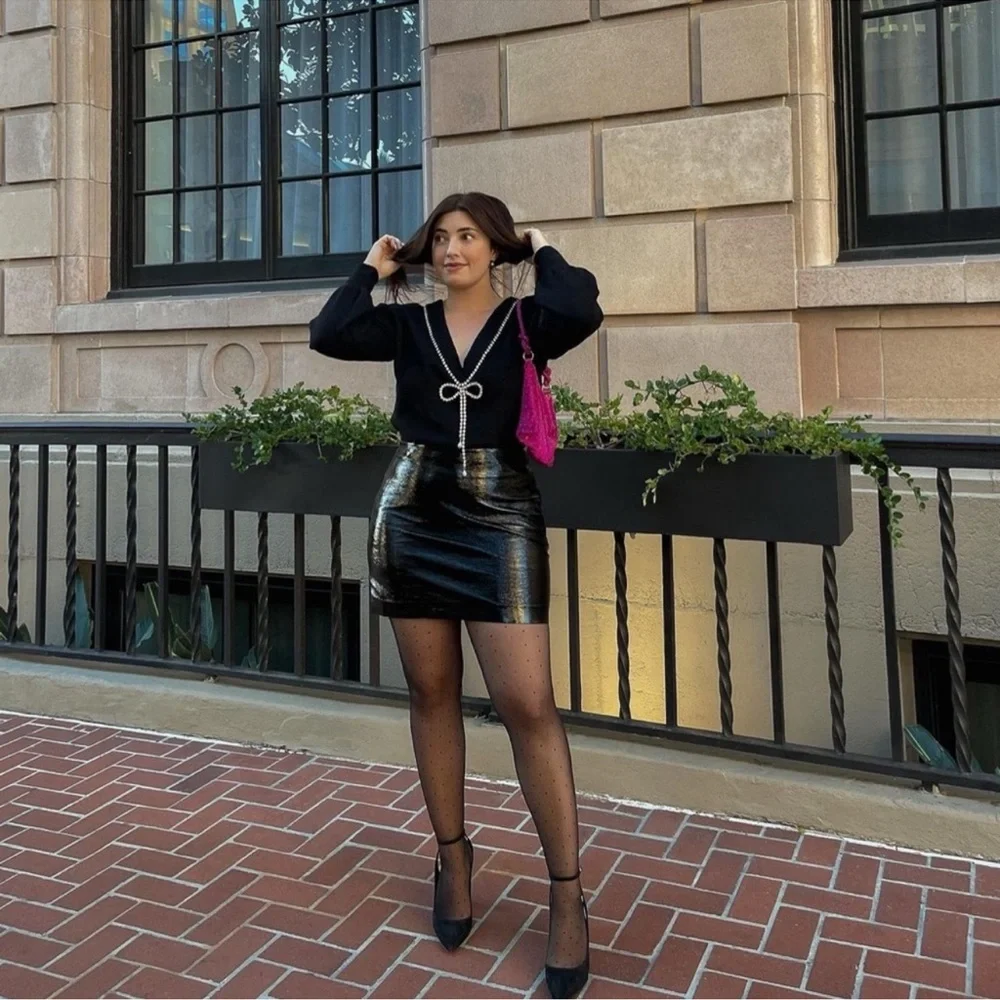 Express Black V-Neck Sweater with Rhinestone Bow - Picture 4 of 7